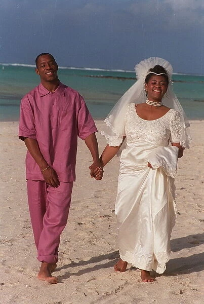 Ian Wright with wife Debbie getting married July 1993 in Mauritius