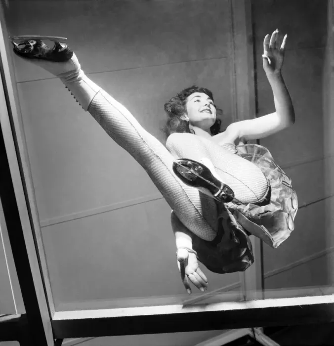 Framed Print : Ice Skater Jane Conlon practices on a see through floor. October 1953 D6656-001 Framed Print : Ice Skater Jane Conlon practices on a see through floor. October 1953 D6656-001