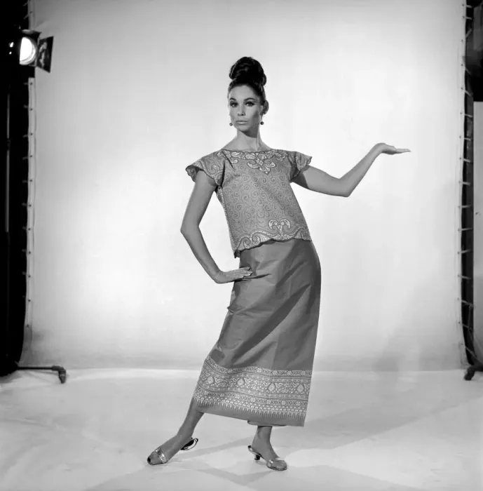 Framed Print : Imogen Woodford modelling a outfit with a far eastern influence. 1965 Framed Print : Imogen Woodford modelling a outfit with a far eastern influence. 1965