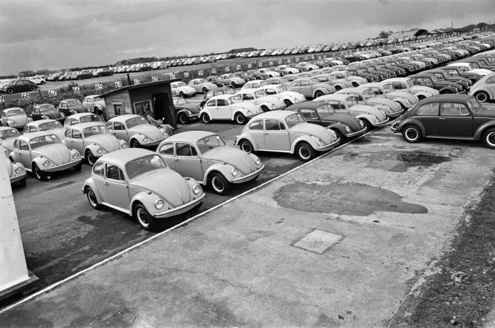 Framed Print : Imported Volkswagen cars at Manston Airport, Kent. 17th March 1968 Framed Print : Imported Volkswagen cars at Manston Airport, Kent. 17th March 1968