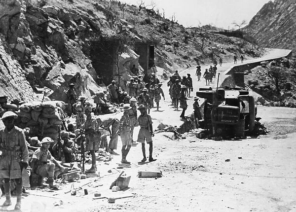 Indian troops at a road junction during the battle for Keren. 26th April 1941