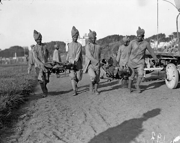 Indian troops seen off loading equipment from transports on their arrival at their rest