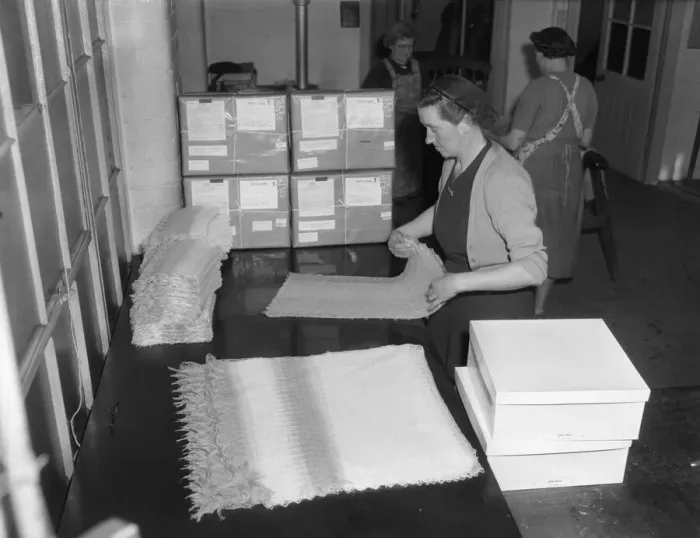 Framed Print : Infant shawls are packed and dispatched at The Shawl Factory of GH Hurt Framed Print : Infant shawls are packed and dispatched at The Shawl Factory of GH Hurt