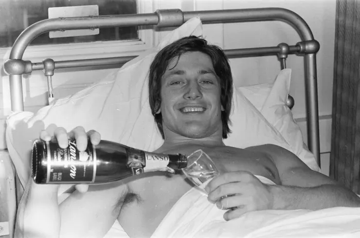 Framed Print : Injured English rugby player Tony Bond, with a broken leg in hospital Framed Print : Injured English rugby player Tony Bond, with a broken leg in hospital