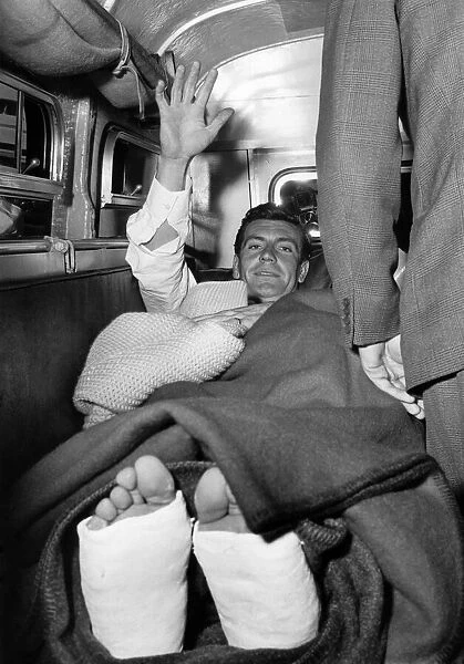 Injured Fulham footballer Johnny Haynes gives a wave. August 1962 P005599