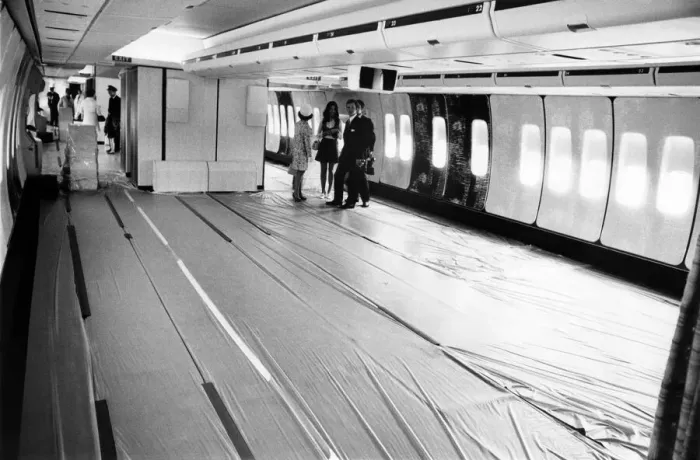 Framed Print : The interior of BOACs first jumbo awaiting to be fitted out with seats at Boeings Framed Print : The interior of BOACs first jumbo awaiting to be fitted out with seats at Boeings