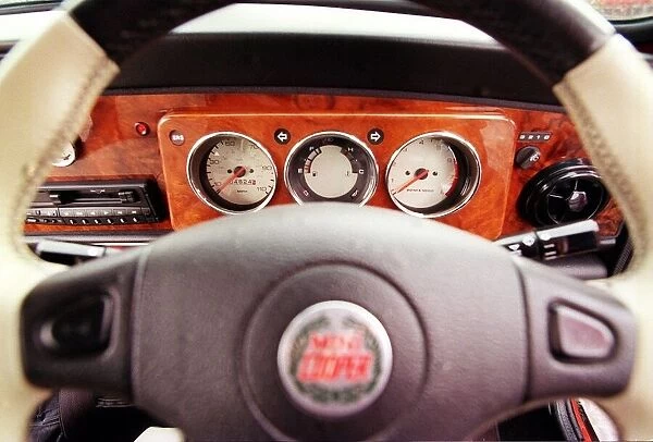 Interior dashboard and steering wheel of a Mini Cooper, May 1999