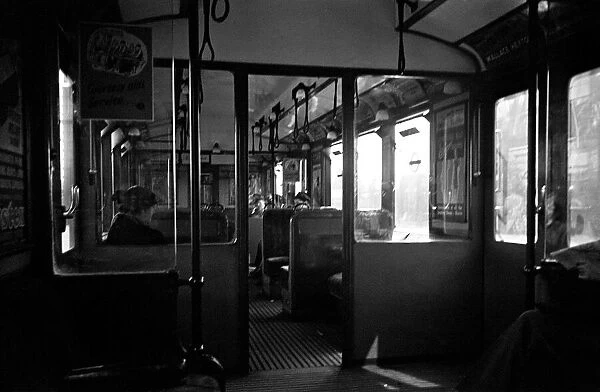 Interior of a London Underground carriage. Circa 1946