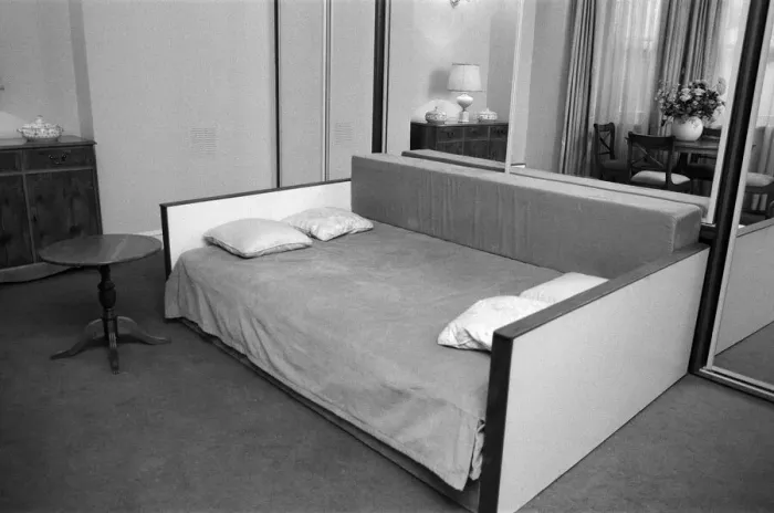 Framed Print : Interior view of a flat, showing the living room area and sofa bed. 29th October 1986 Framed Print : Interior view of a flat, showing the living room area and sofa bed. 29th October 1986