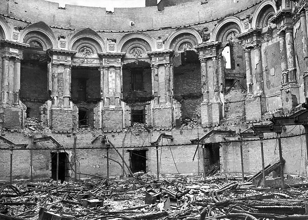 Interior view showing the bombed out shell of the Free Trade Hall building in Peter