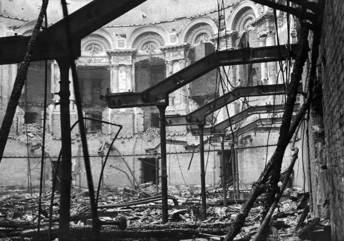 Framed Print : Interior view showing the bombed out shell of the Free Trade Hall building in Peter