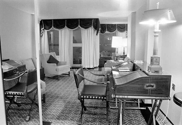 Interior view showing one of the cabin living rooms aboard the luxury passenger liner QE2