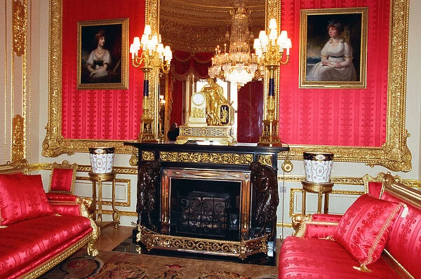 Interior view of Windsor Castle showing the Crimson Drawing Room restored after it was