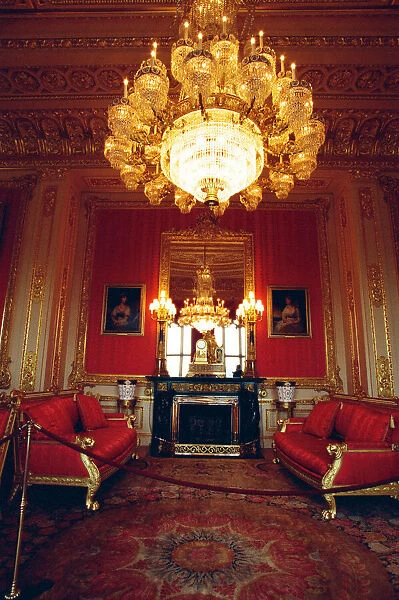 Interior view of Windsor Castle showing the Crimson Drawing Room restored after it was