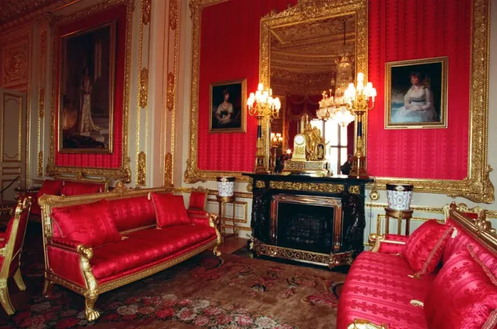 Framed Print : Interior view of Windsor Castle showing the Crimson Drawing Room restored after it was Framed Print : Interior view of Windsor Castle showing the Crimson Drawing Room restored after it was