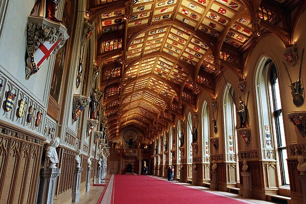Interior view of Windsor Castle showing St Georges Hall restored after it was damaged by