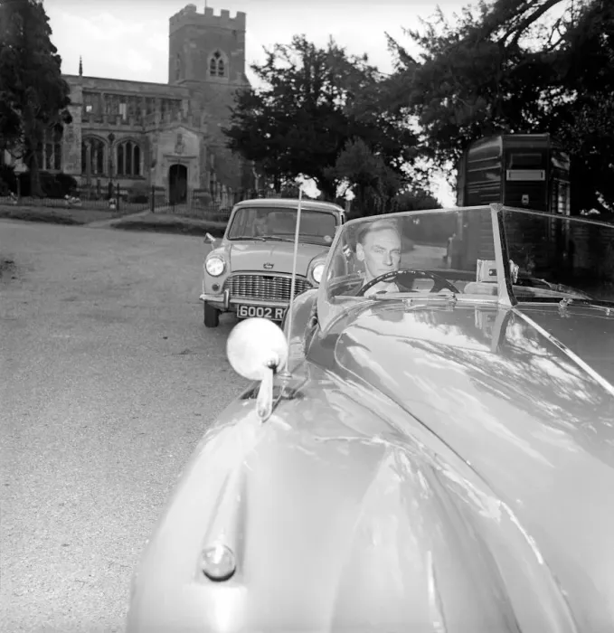 Framed Print : Inventor Jim Pickering seen here behind the wheel of his jaguar sports car which has been Framed Print : Inventor Jim Pickering seen here behind the wheel of his jaguar sports car which has been