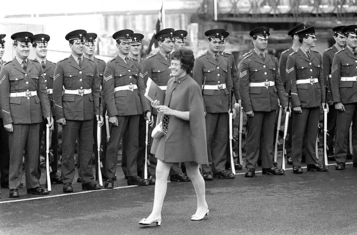 Framed Print : Investiture rehearsals. Soldiers smile as a lady in a mine dress Framed Print : Investiture rehearsals. Soldiers smile as a lady in a mine dress