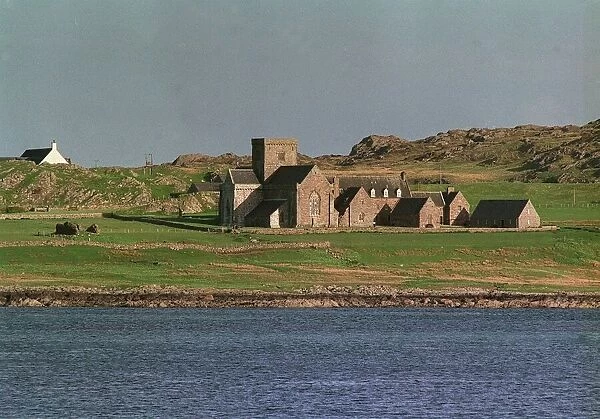 Isle of Iona Abbey view from Mull across sea church Circa 1990s
