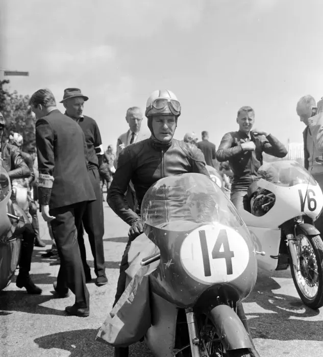 Framed Print : Isle of Man TT Races - Junior International. Mike Hailwood before the start Framed Print : Isle of Man TT Races - Junior International. Mike Hailwood before the start