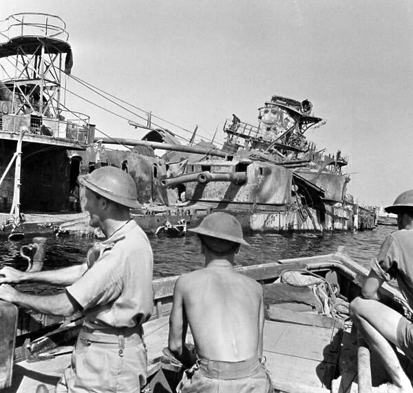 Italian cruiser San Giorgio sunk during Italian retreat, seen in Tobruk Harbour