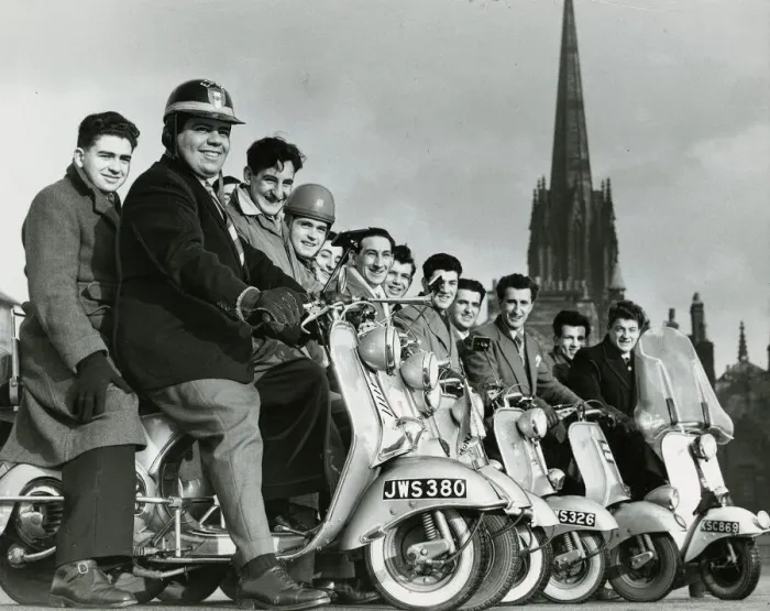 Framed Print : Italian Vespa Club of Edinburgh February 1954 Lined up with their scooters