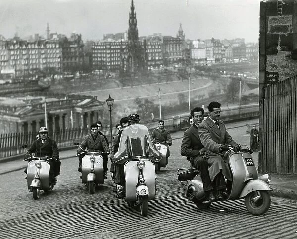 Italian Vespa Club of Edinburgh February 1954 Riding their scooters at The Mound