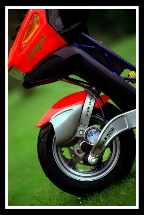Framed Print : Italjet scooter July 1999 for Road Record supplement red blue bike wheel