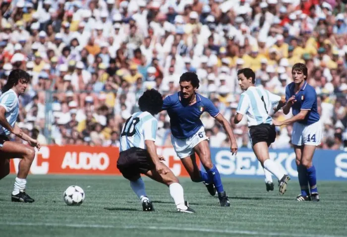 Framed Print : Italy v Argentina 1982 World Cup Gentile races to get between two argentine Framed Print : Italy v Argentina 1982 World Cup Gentile races to get between two argentine