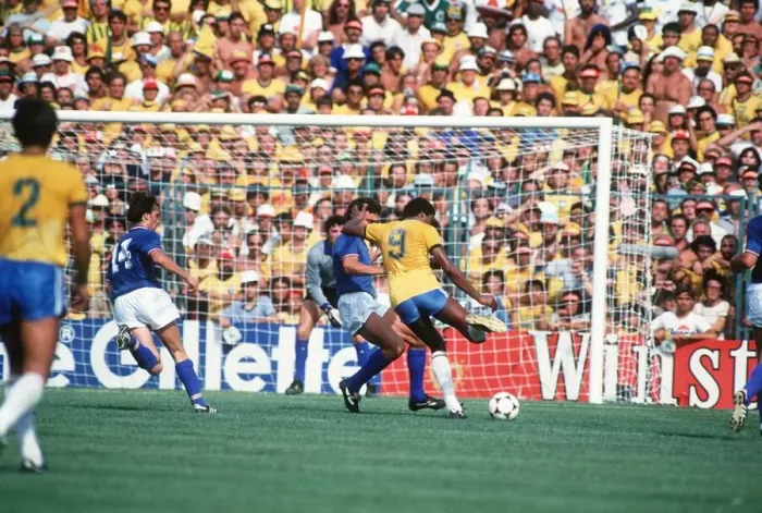 Framed Print : Italy v Brazil 1982 World Cup match Serginho tries a shot at goal Framed Print : Italy v Brazil 1982 World Cup match Serginho tries a shot at goal