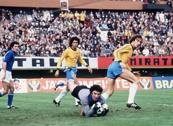 Italy v Brazil World Cup 1978 football Dino Zoff saves from Roberto no20 and Oscar no3