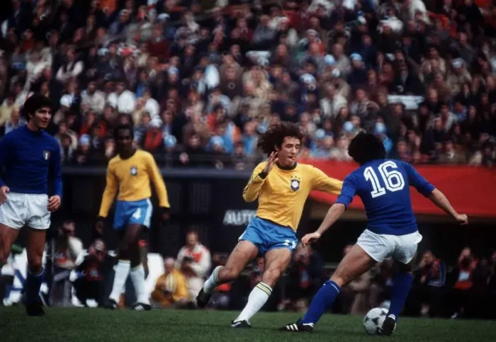 Framed Print : Italy v Brazil World Cup 1978 football Dirceu of Brazil faces Causio
