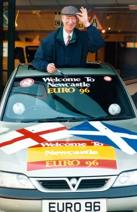 Framed Print : Jack Charlton with the Euro 96 car at Bristol Street Motors in February 1996 Framed Print : Jack Charlton with the Euro 96 car at Bristol Street Motors in February 1996