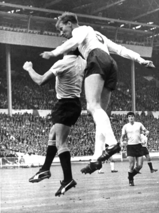 Framed Print : Jack Charlton heading duel with Troche of Uraguay opening match of the World Cup Framed Print : Jack Charlton heading duel with Troche of Uraguay opening match of the World Cup
