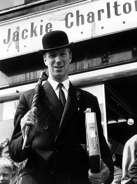 Jack Charlton Leeds United football player wearing suit & bowler hat