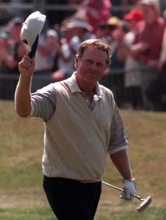 Framed Print : Jack Nicklaus Golfer waves to the crowd on the 18th during the second day at the British