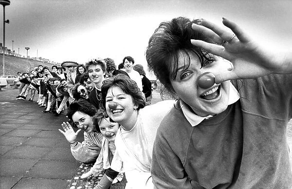 Jackie Lamb leads the student congo for Comic Relief in 1988