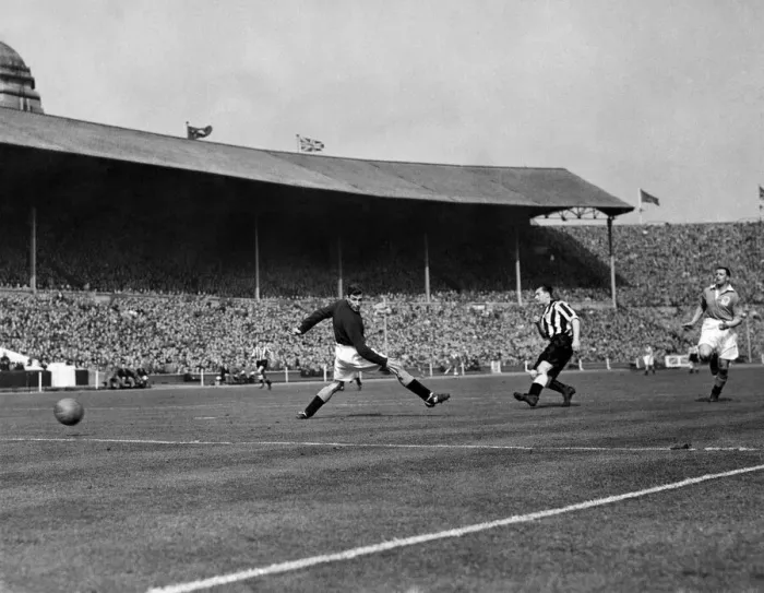 Framed Print : Jackie Milburn, the Newcastle centre forward scores Newcastles 1st goal during the F Framed Print : Jackie Milburn, the Newcastle centre forward scores Newcastles 1st goal during the F