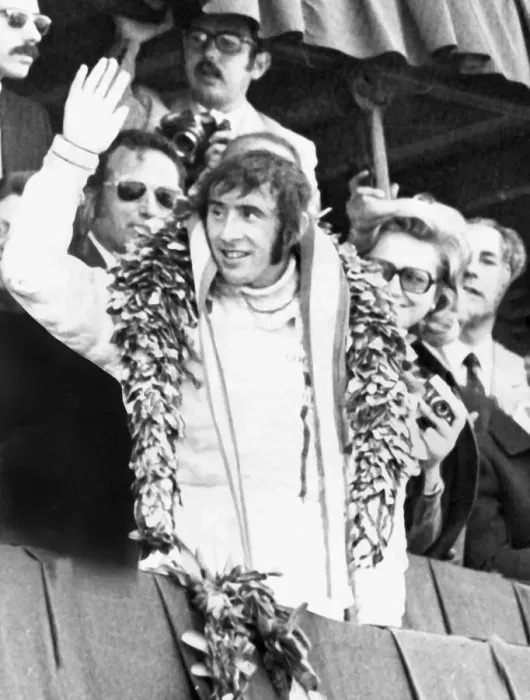 Framed Print : Jackie Stewart Grand Prix driver 1971 celebrates victory in the Spanish Grand Prix