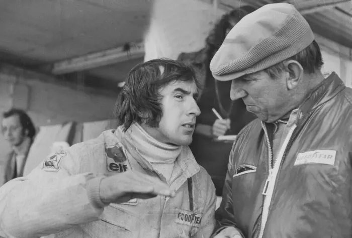 Framed Print : Jackie Stewart and Ken Tyrrell talking in the pits at Brands Hatch - October 1971