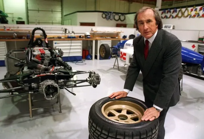 Framed Print : Jackie Stewart in the Paul Stewart Racing workshop at Milton Keynes