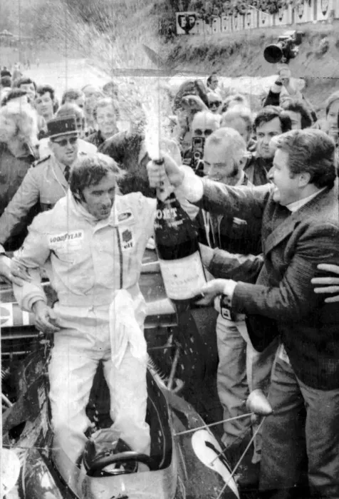 Framed Print : Jackie Stewart, Scottish F1 driver during celebrations after winning the French Grand Framed Print : Jackie Stewart, Scottish F1 driver during celebrations after winning the French Grand