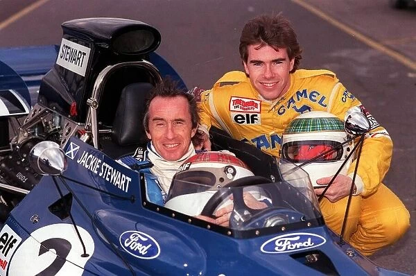 Jackie Stewart with son Paul - Jackie inside car son Paul as side