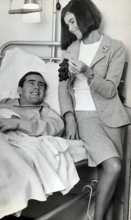 Framed Print : JACKIE STEWART AND WIFE, HELEN IN HOSPITAL AFTER HIS NEAR FATAL 150 MPH CRASH IN