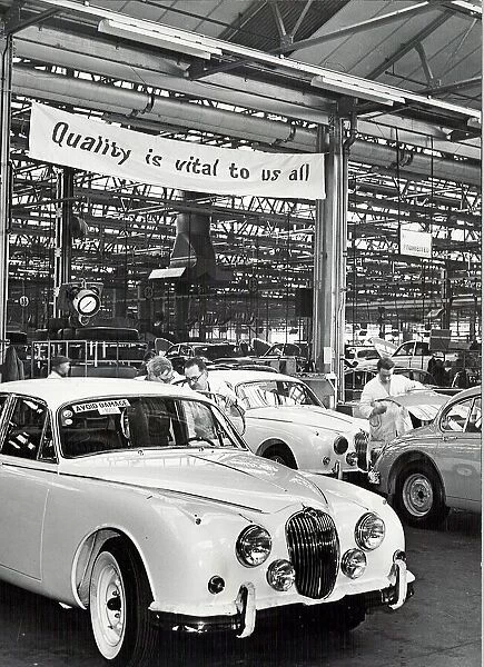 Jaguar Cars factory, Browns Lane, Coventry. The banner above the track reads