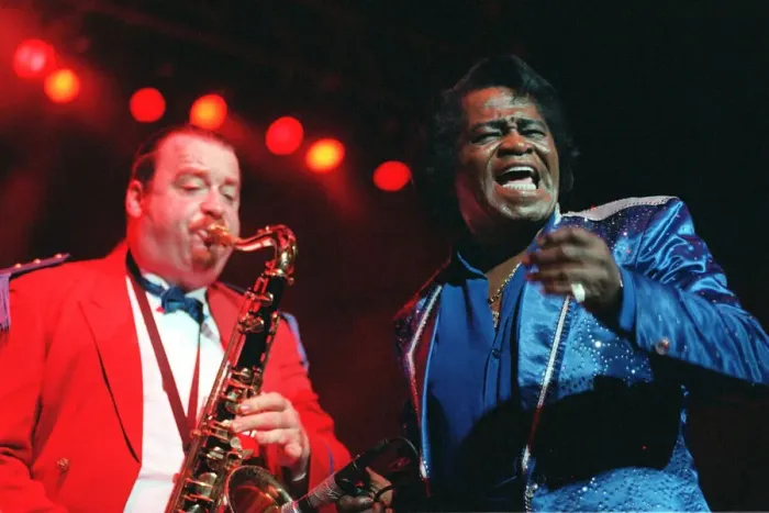 Framed Print : James Brown on stage at the Clyde Auditorium, July 1998