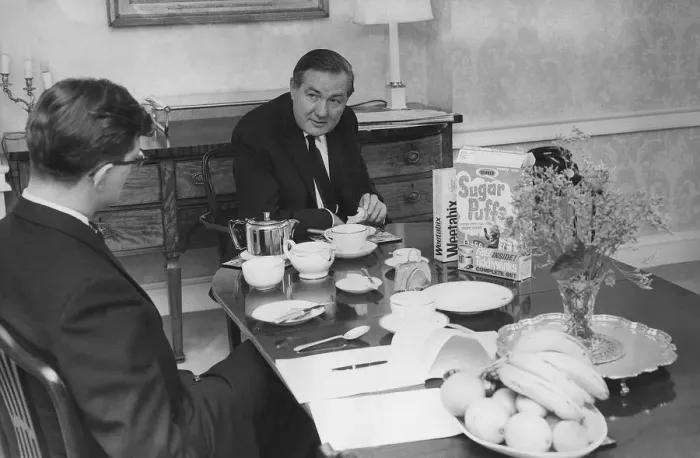 Framed Print : James Callaghan Chancellor of the Exchequer sitting at breakfast with Robert Head Framed Print : James Callaghan Chancellor of the Exchequer sitting at breakfast with Robert Head