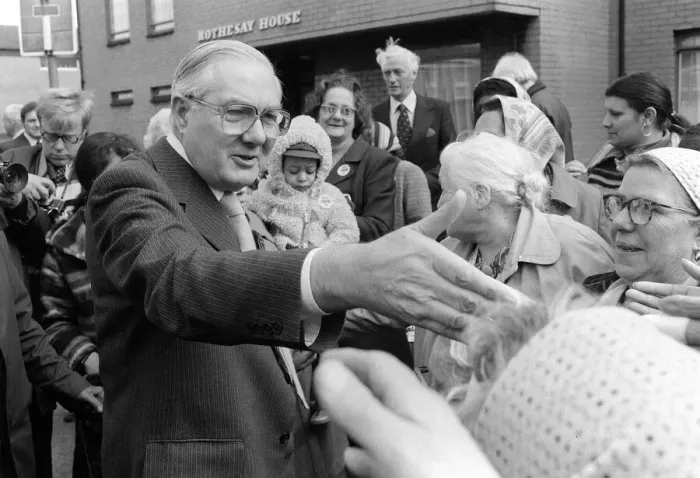 Framed Print : James Callaghan MP May 1979 meeting the public during his tour of Cardiff