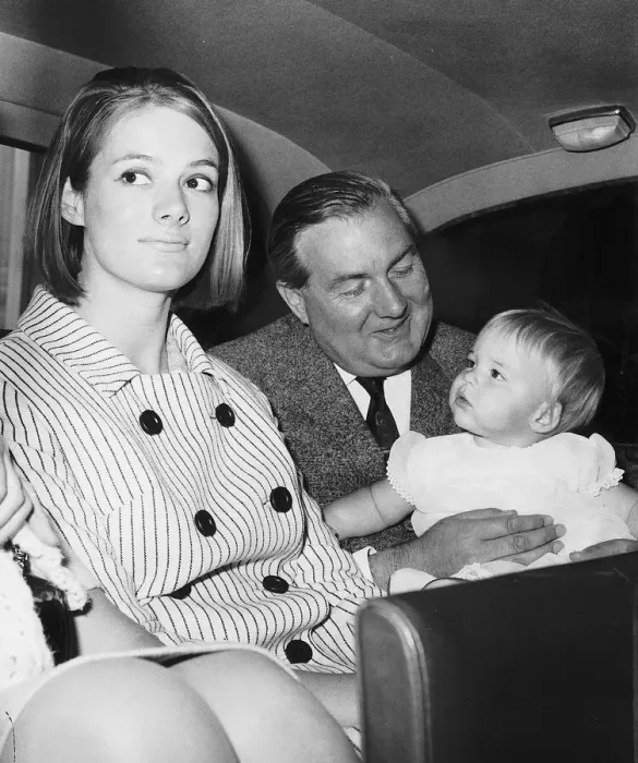 Framed Print : James Callaghan MP on his way to London Airport with his daughter and grandaughter 1966 Framed Print : James Callaghan MP on his way to London Airport with his daughter and grandaughter 1966