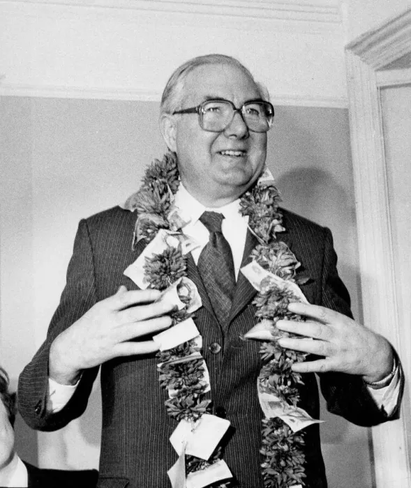 Framed Print : James Callaghan wearing garland of flowers and money in Brentford - April 1979 Framed Print : James Callaghan wearing garland of flowers and money in Brentford - April 1979